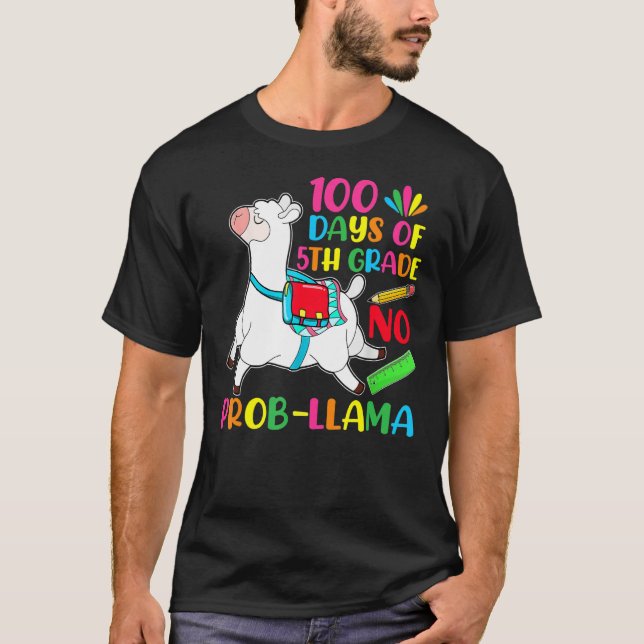 T-shirt 100 Days Of School 5th Grade No Prob Llama Teacher (Devant)