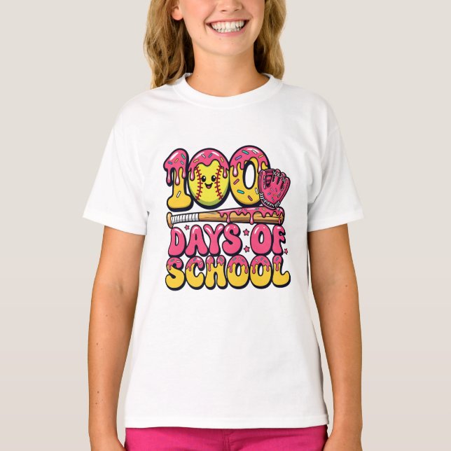 T-shirt 100 Days of School Baseball Donut Girls Softball (Devant)
