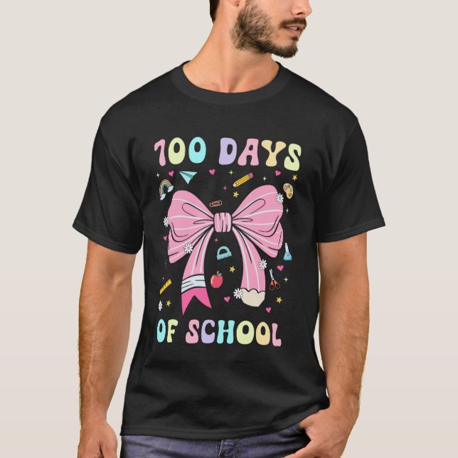 T-shirt 100 Days of School Coquette Pink Bow Pencil Girls  (Devant)