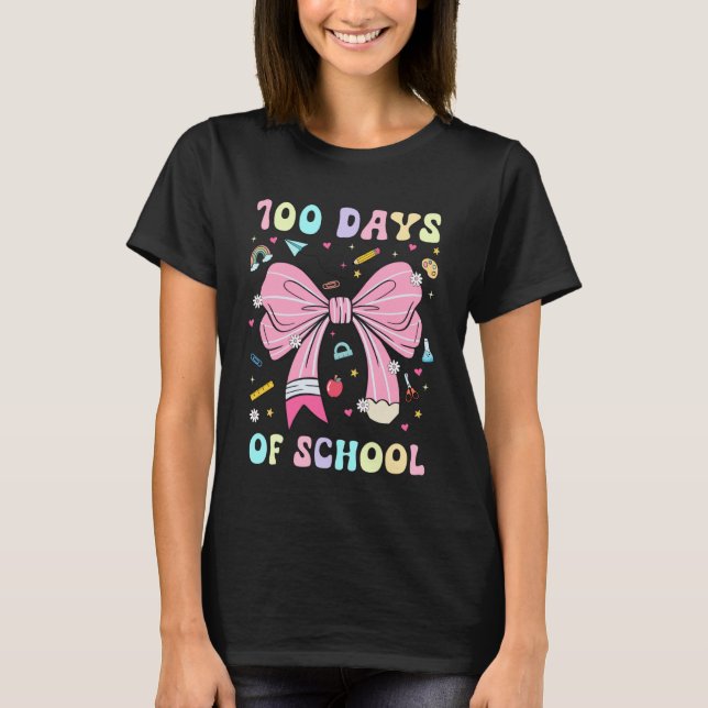 T-shirt 100 Days of School Coquette Pink Bow Pencil Girls  (Devant)