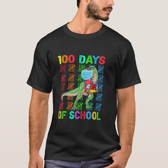 T-shirt 100 Days Of School Dinosaur Rex Wearing Mask Smart (Devant)