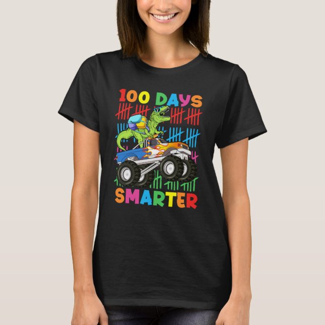 T-shirt 100 Days Smarter Dinosaur Monster Truck 100th Day  (Devant)