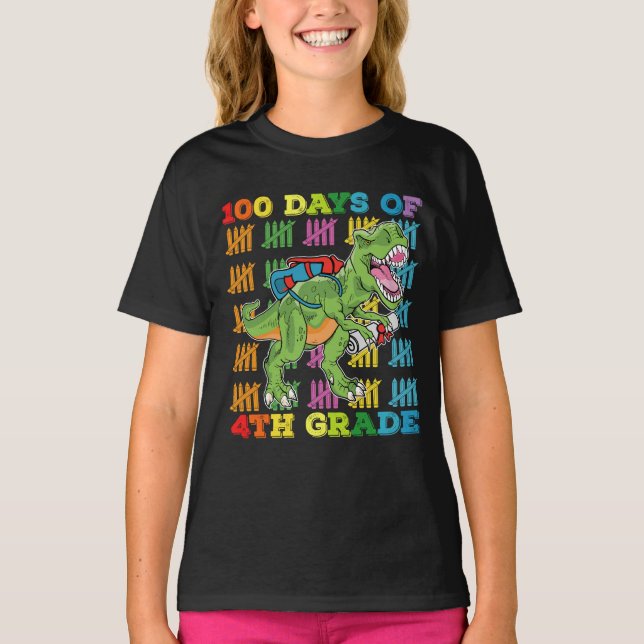 T-shirt 100 jours de 4e année École de dinosaures T-Rex (Devant)