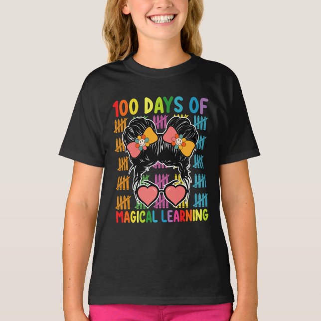 T-shirt 100 jours d'école à chignon désordonné d'apprentis (Devant)