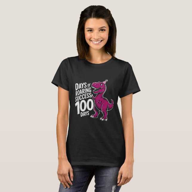 T-shirt 100 Jours d'École Dessin de T-Rex Dinosaure Rose D (Devant entier)