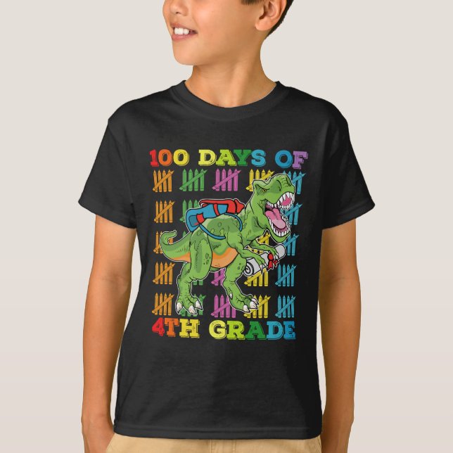 T-shirt 100 jours d'école en 4e année T Rex Dinosaur (Devant)