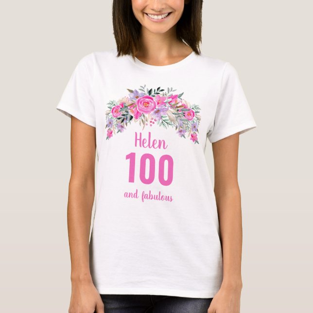 T-shirt 100e anniversaire nom floral rose (Devant)