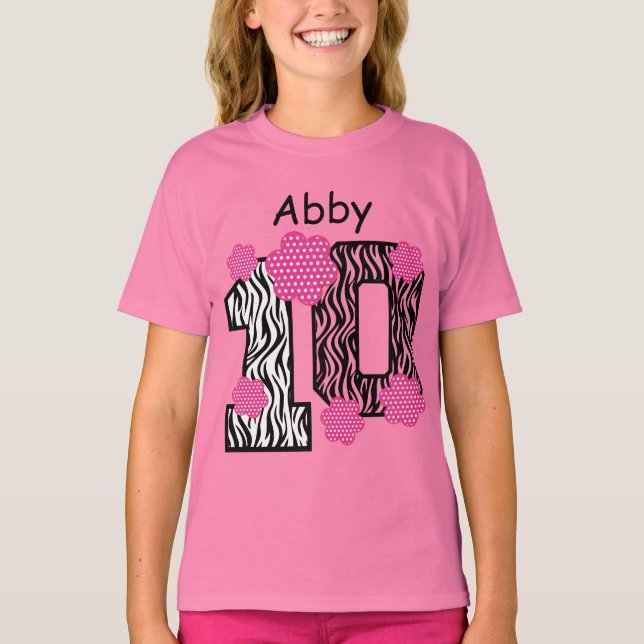 T-shirt 10e anniversaire Pink Zebra Nom personnalisé V025A (Devant)