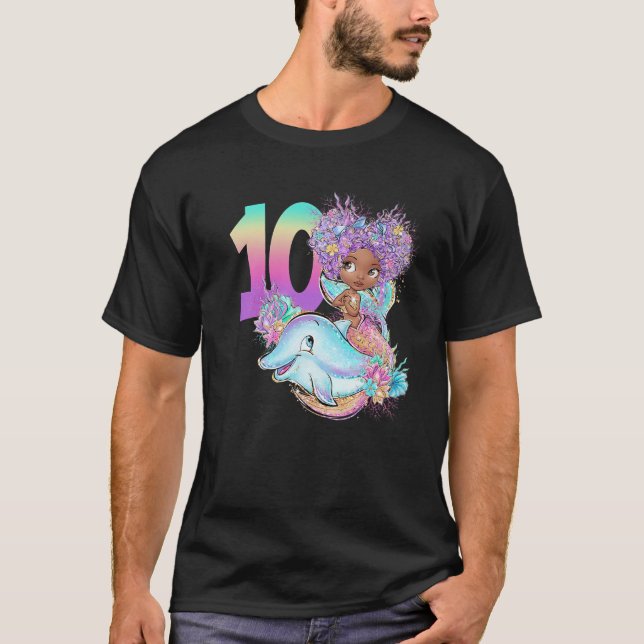 T-shirt 10e anniversaire Sirène Dix fille noire Magic Doub (Devant)