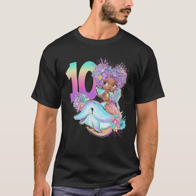 T-shirt 10e anniversaire Sirène Dix fille noire Magic Doub (Devant)
