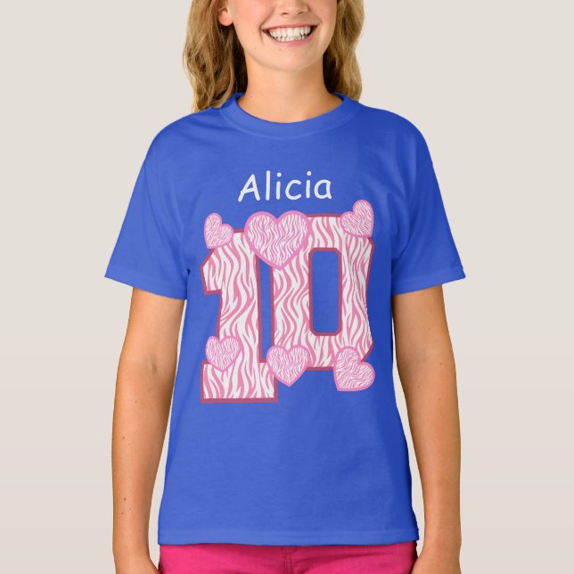 T-shirt 10e anniversaire Zebra PINK Hearts Nom personnalis (Devant)