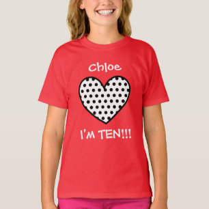 T-shirt 10ème Coeur W01P de point de polka d'anniversaire