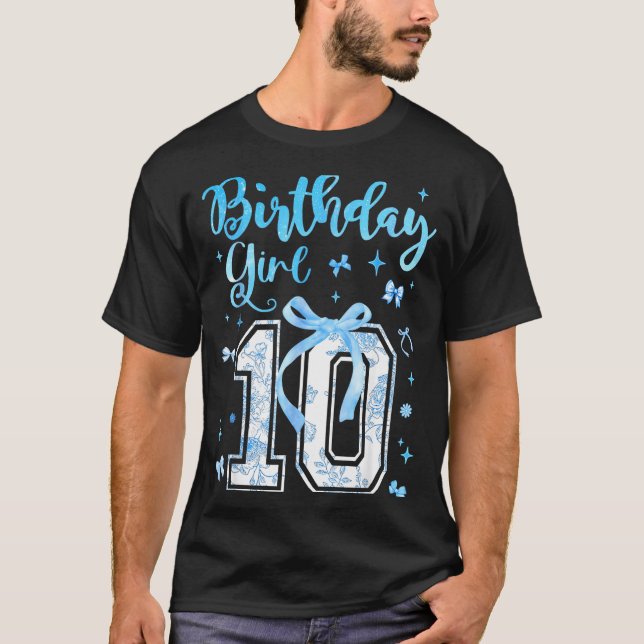 T-shirt 10th Birthday Girl Blue Toile Coquette Bow 10 Year (Devant)