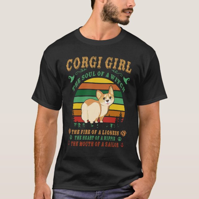 T-shirt 11 Corgi fille sorcière lionne hippie voile (Devant)