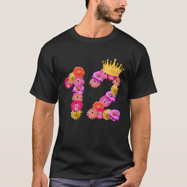 T-shirt 12 Anniversaire Filles Fleur Couronne C'est Mon 12 (Devant)