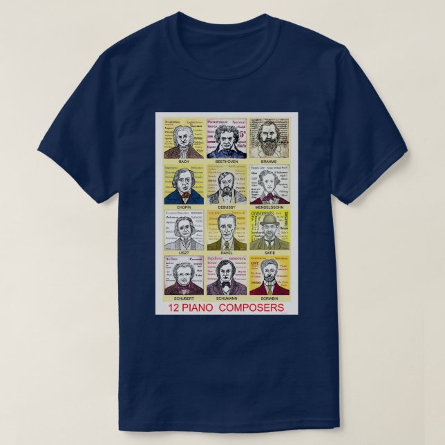 T-shirt 12 portraits de compositeurs de piano (Design devant)
