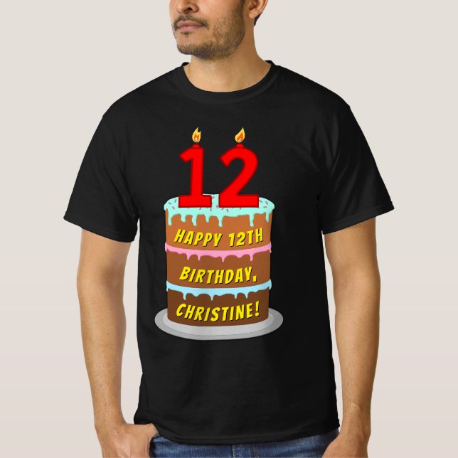 T-shirt 12e anniversaire — Fun Cake & Candles, avec nom pe (Devant)