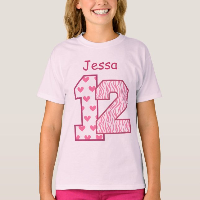 T-shirt 12ème Nom fait sur commande V025D de zèbre rose (Devant)