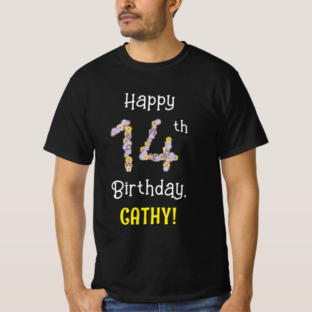 T-shirt 14e anniversaire : Fleurs florales Numéro "14" + N (Devant)