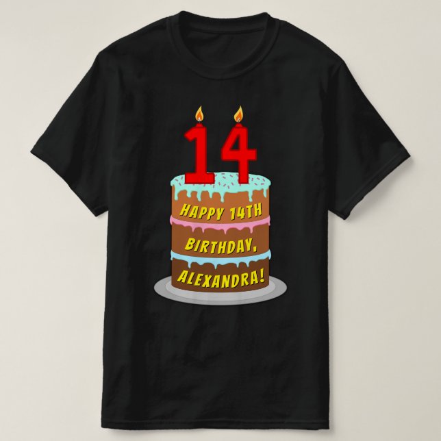 T-shirt 14e anniversaire — Fun Cake & Candles, avec nom pe (Design devant)