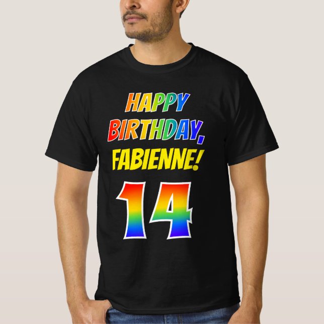 T-shirt 14e anniversaire — Gras, Amusant, Arc-en-ciel 14,  (Devant)