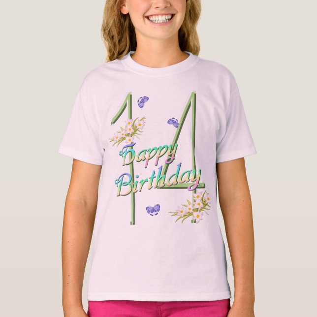 T-shirt 14e Chemise anniversaire avec arc-en-ciel et papil (Devant)