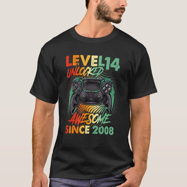 T-shirt 14th Birthday Boy Level 14 Unlock Awesome 2008 V (Devant)
