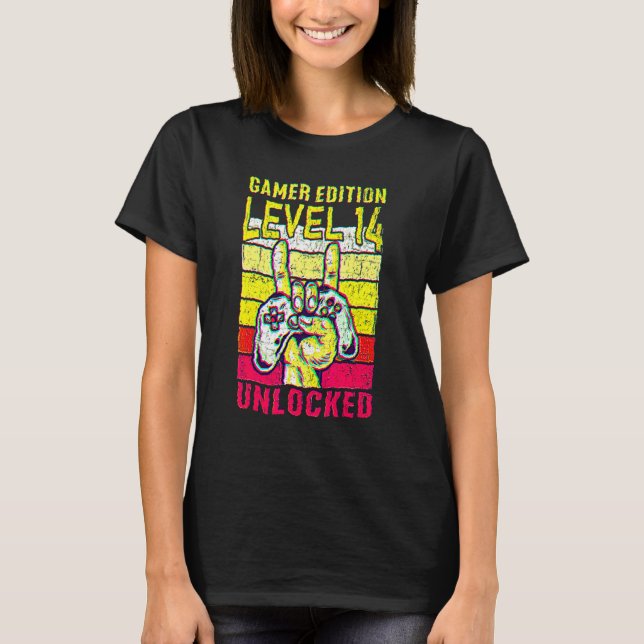 T-shirt 14th Birthday Video Gamer Edition Level 14 Unlocke (Devant)