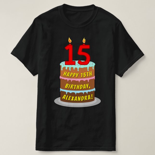 T-shirt 15e anniversaire — Fun Cake & Candles, avec nom pe (Design devant)
