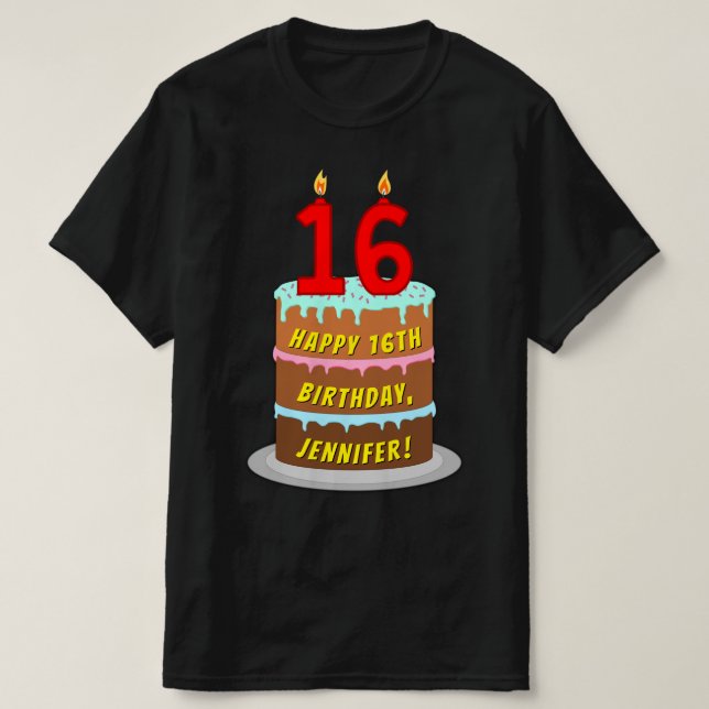 T-shirt 16e anniversaire — Fun Cake & Candles, avec nom pe (Design devant)