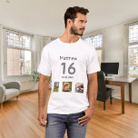 T-shirt 16e anniversaire photo personnalisée monogramme ga<br><div class="desc">Pour un 16ème anniversaire en cadeau ou pour la fête. Un collage de 3 de vos photos de lui-même amis,  famille,  intérêts ou animaux de compagnie. Personnalisez et ajoutez son nom,  16 ans et une date. Date de naissance ou date de la fête d'anniversaire. Texte gris et noir.</div>