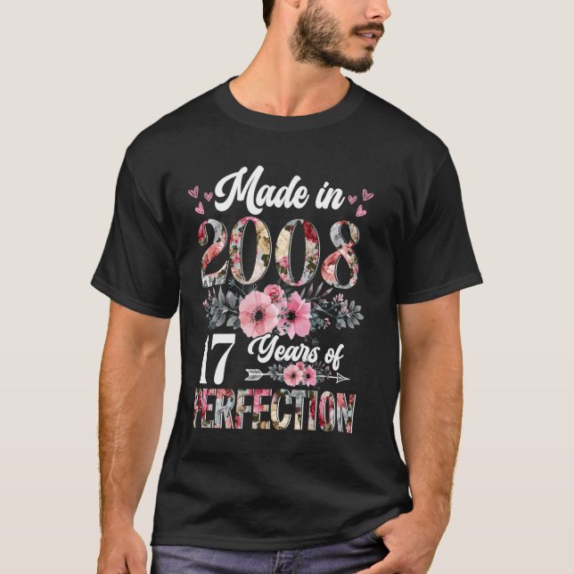 T-shirt 17 Ans Né En 2008 Floral 17ème Anniversaire Gif (Devant)