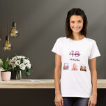 T-shirt 18e anniversaire photo personnalisée fille monogra<br><div class="desc">Pour un 18ème anniversaire en cadeau ou pour la fête. Un collage de 3 de vos photos d'elle-même amis,  famille,  intérêts ou animaux de compagnie. Personnalisez et ajoutez son nom,  18 ans et une date. Date de naissance ou date de la fête d'anniversaire. Lettres de couleur rose et noire.</div>