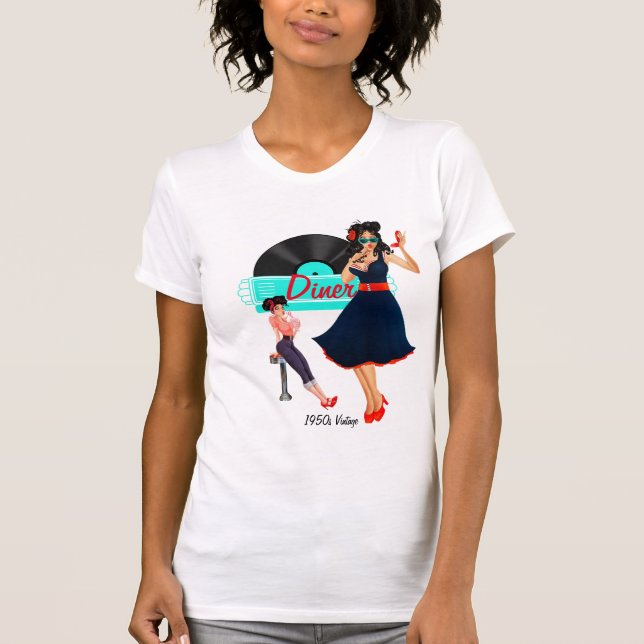 T-shirt 1950 Diner turquoise noir & blanc à damiers rétro (Devant)