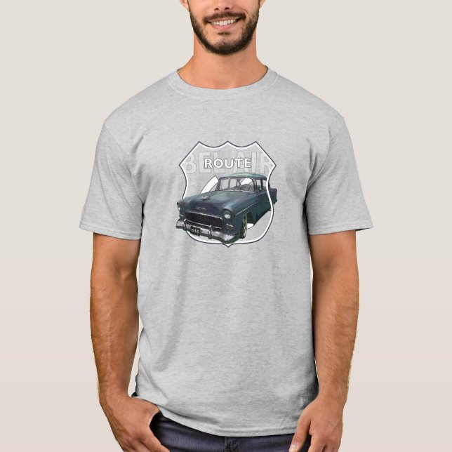 T-shirt 1955 Chevrolet Bel Air. 55 Chevy Bleu. Route 66. (Devant)