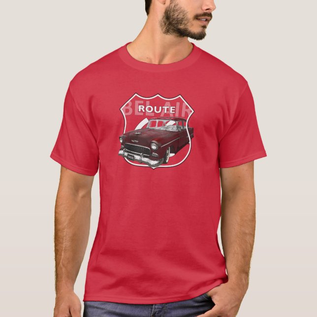 T-shirt 1955 Chevrolet Bel Air. 55 Chevy Rouge. Américain. (Devant)