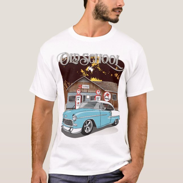 T-shirt 1955 Skyline Blue Chevy Bel Air Old School Imprimé (Devant)