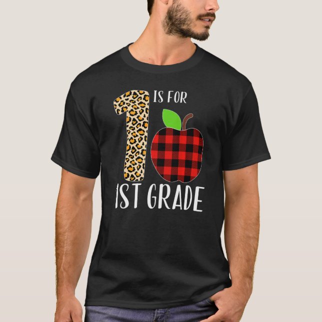 T-shirt 1 Is For 1st Grade Teacher Leopard Buffalo Plaid S (Devant)