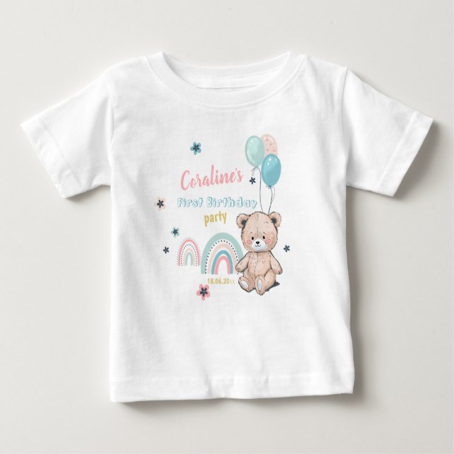 T-shirt 1er anniversaire avec un joli ours en pelu (Devant)
