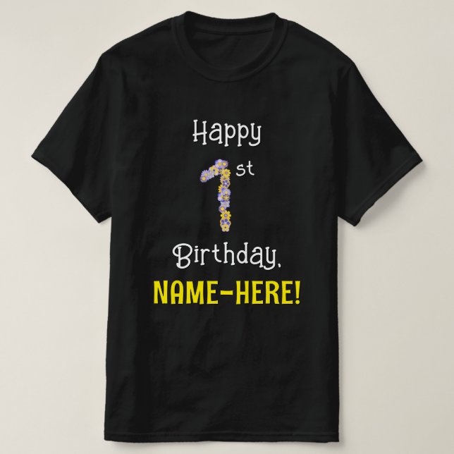 T-shirt 1er anniversaire : Fleurs florales Numéro "1" + No (Design devant)