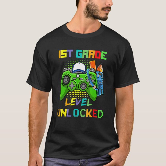 T-shirt 1st Grade Level Unlocked Video Game Back to School (Devant)