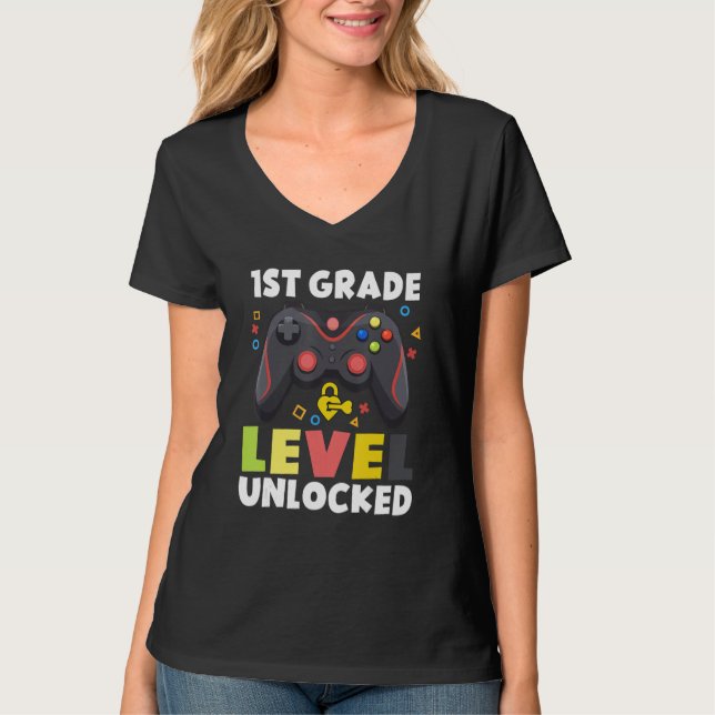 T-shirt 1st Grade Level Unlocked Video Game Back To School (Devant)