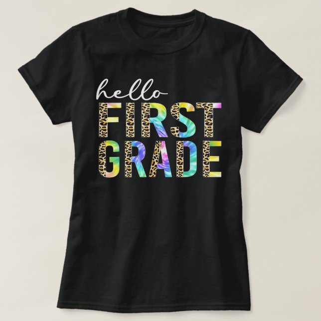 T-shirt 1st Grade Tee-shirt Tie Dye Leopard Hello Fir (Design devant)