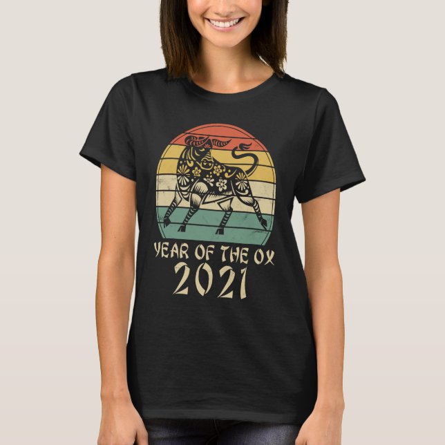 T-shirt 2021 Année de l'Ox Retro Sunset Happy Chinese Ne (Devant)