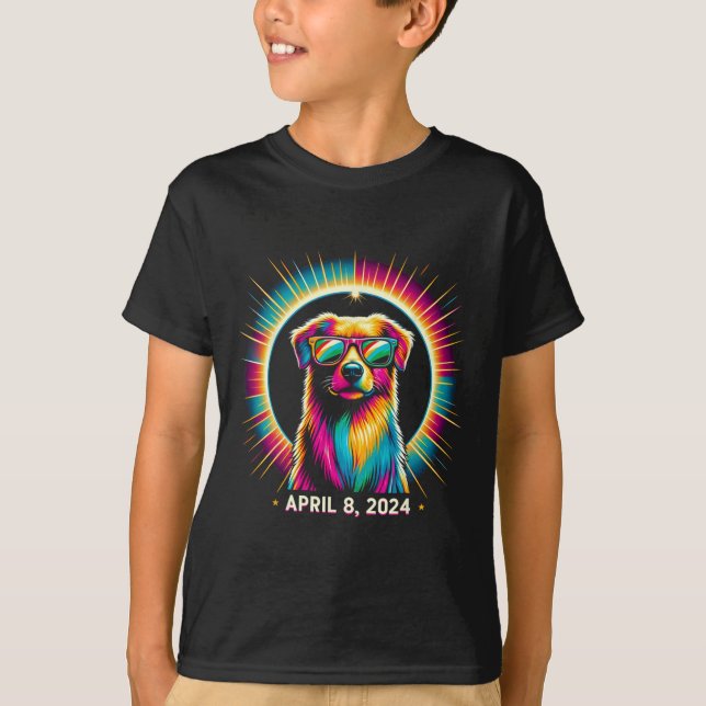 T-shirt 2024 Solaire Eclipse Chien portant un verre solair (Devant)