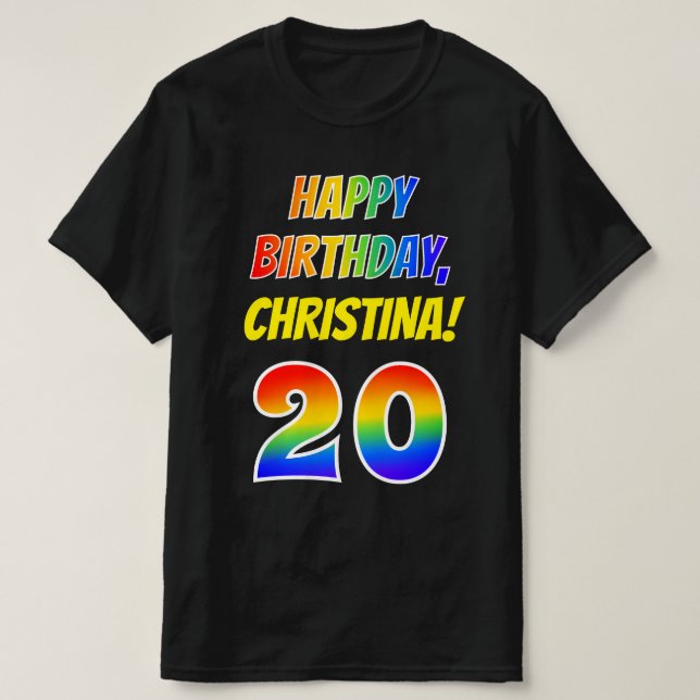 T-shirt 20e anniversaire — Bold, Fun, Rainbow 20, Nom pers (Design devant)