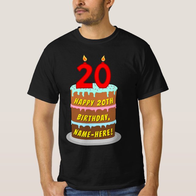 T-shirt 20e anniversaire — Fun Cake & Candles, avec nom pe (Devant)