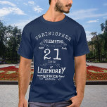 T-shirt 21e anniversaire Ajouter un nom Légende Bleue Lége<br><div class="desc">Préparez-vous à faire de votre vingt et unième anniversaire une légende! Ce T-shirt personnalisé 21ème anniversaire sera sûr de faire une déclaration. Il présente un graphique de style vintage du numéro 21 et votre nom en caractères gras et bleus. Que vous sortiez pour fêter la fête avec des amis ou...</div>