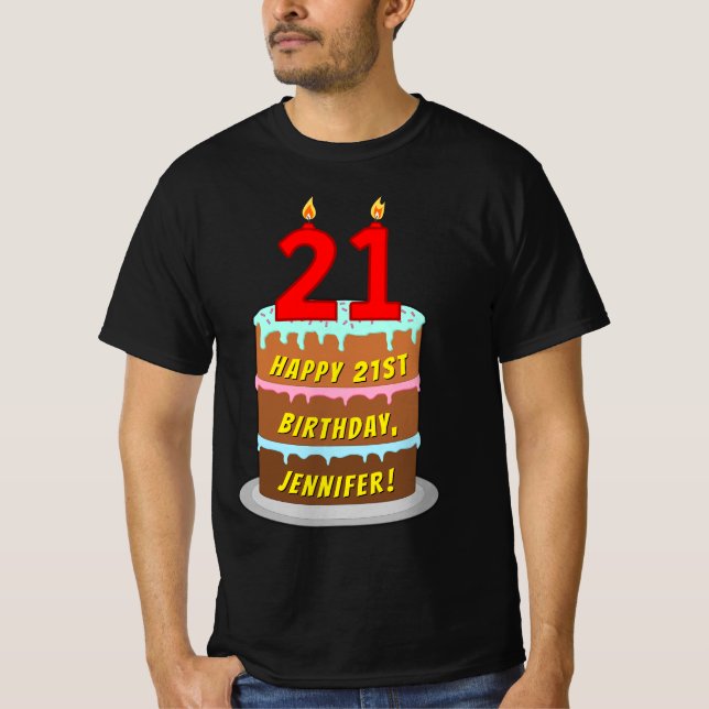 T-shirt 21e anniversaire — Fun Cake & Candles, avec nom pe (Devant)