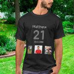 T-shirt 21e anniversaire photo personnalisée monogramme me<br><div class="desc">Pour un 21ème anniversaire en cadeau ou pour la fête. Un collage de 3 de vos photos de lui-même amis,  famille,  intérêts ou animaux de compagnie. Personnalisez et ajoutez son nom,  21 ans et une date. Date de naissance ou date de la fête d'anniversaire. Texte gris et blanc.</div>